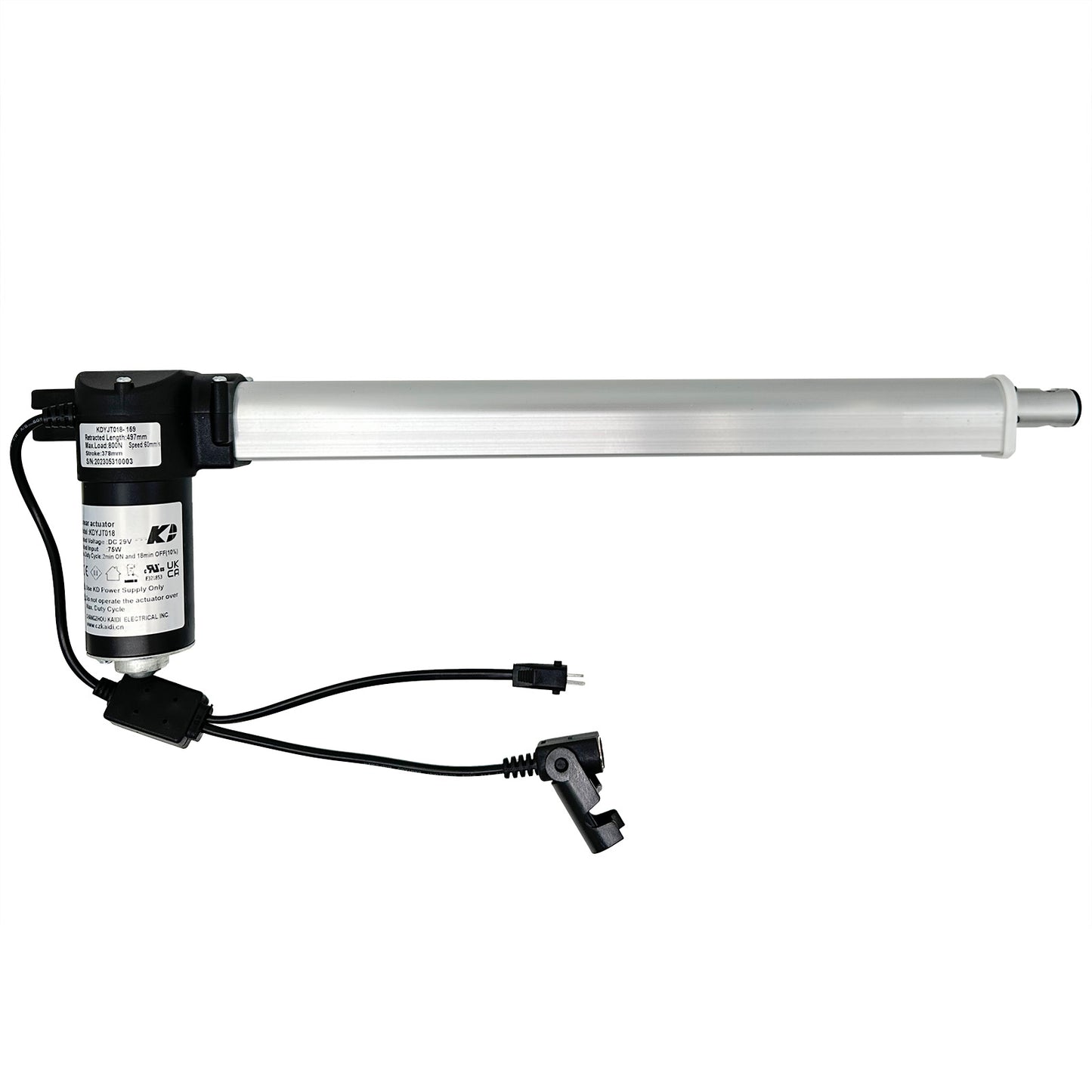 A silver linear actuator for a recliner or lift chair, showing the motor unit connected to a piston rod, with two electrical plugs.