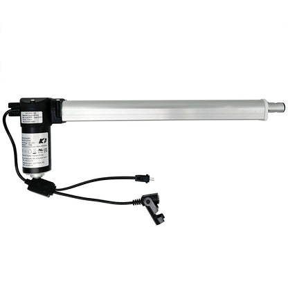 A silver linear actuator for a recliner or lift chair, showing the motor unit connected to a piston rod, with two electrical plugs.