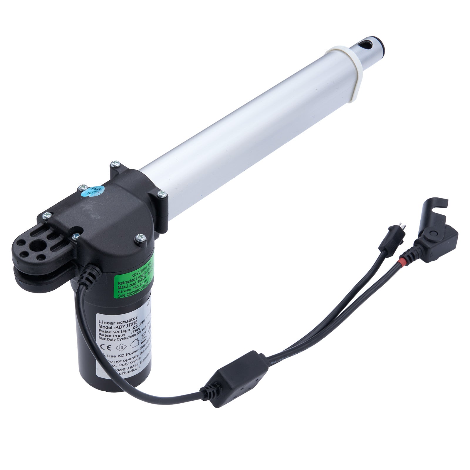 Electric actuator with white rod and black wiring on a white background