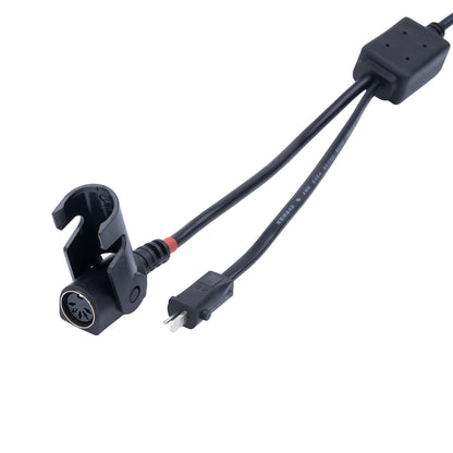 Black electrical connector with cable on a white background
