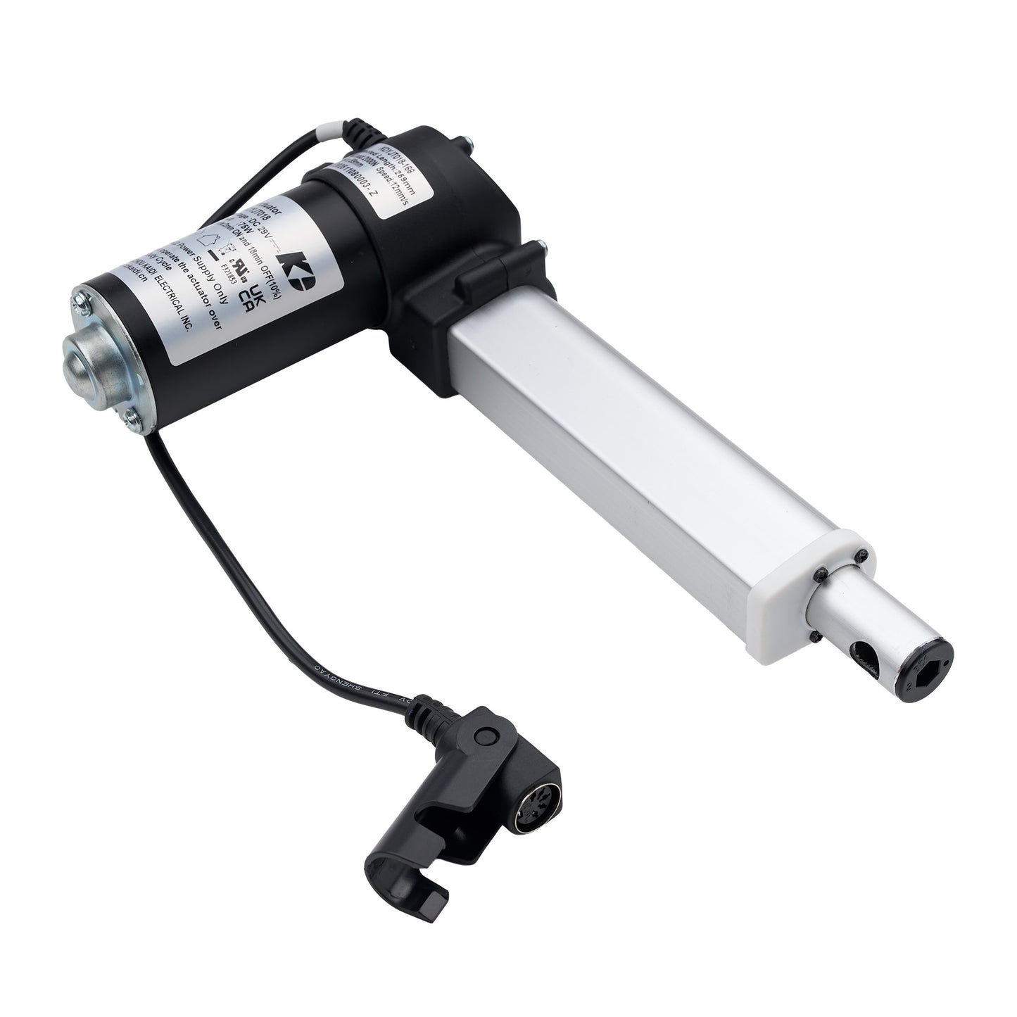 An electric motorized window or door trim actuator with a black and silver metal body, featuring a black power cable and a black limit switch, shown on a plain white background.
