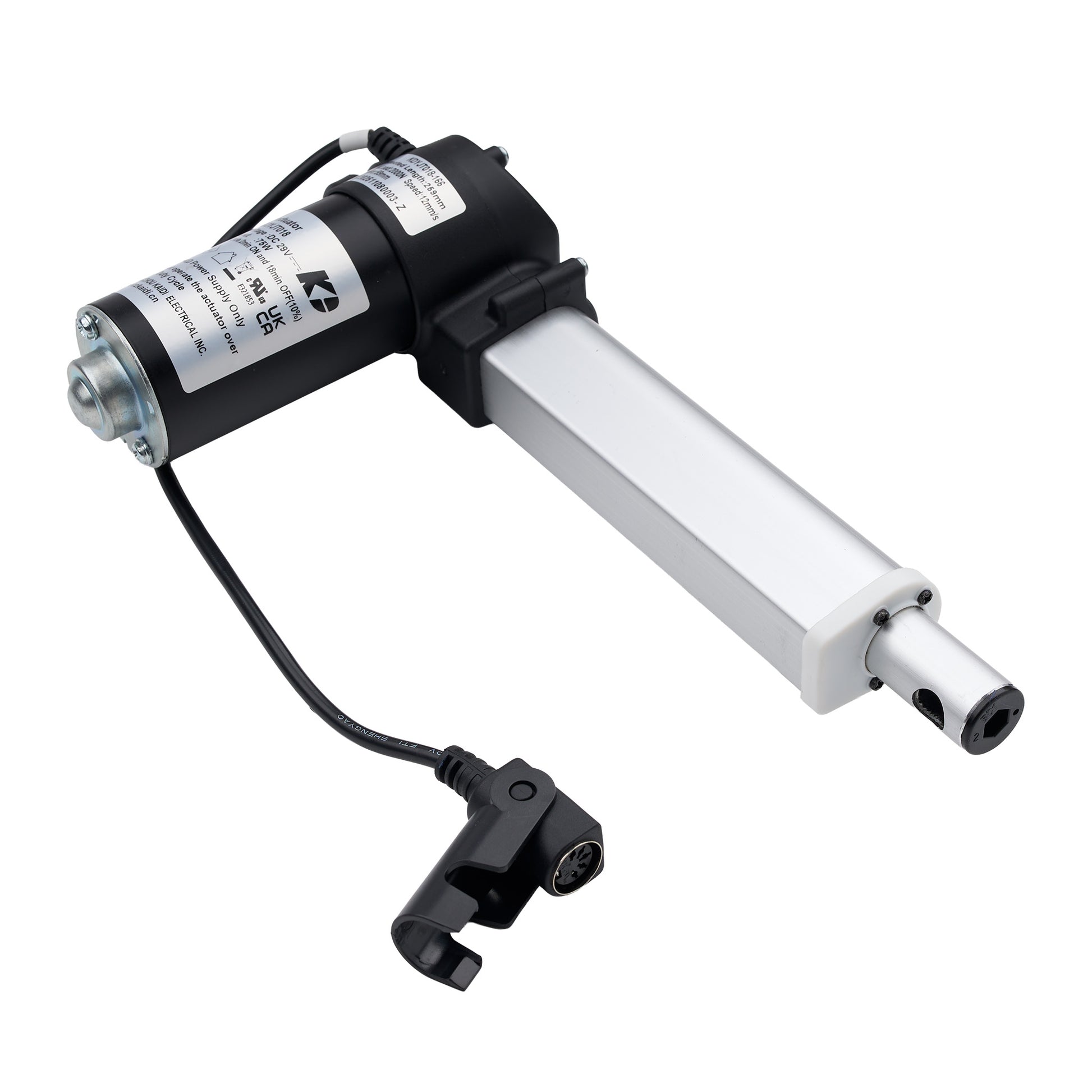 An electric motorized window or door trim actuator with a black and silver metal body, featuring a black power cable and a black limit switch, shown on a plain white background.