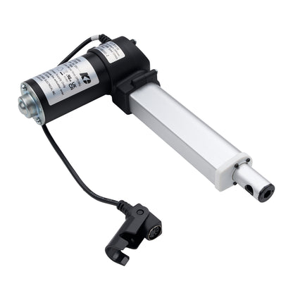 An electric motorized window or door trim actuator with a black and silver metal body, featuring a black power cable and a black limit switch, shown on a plain white background.