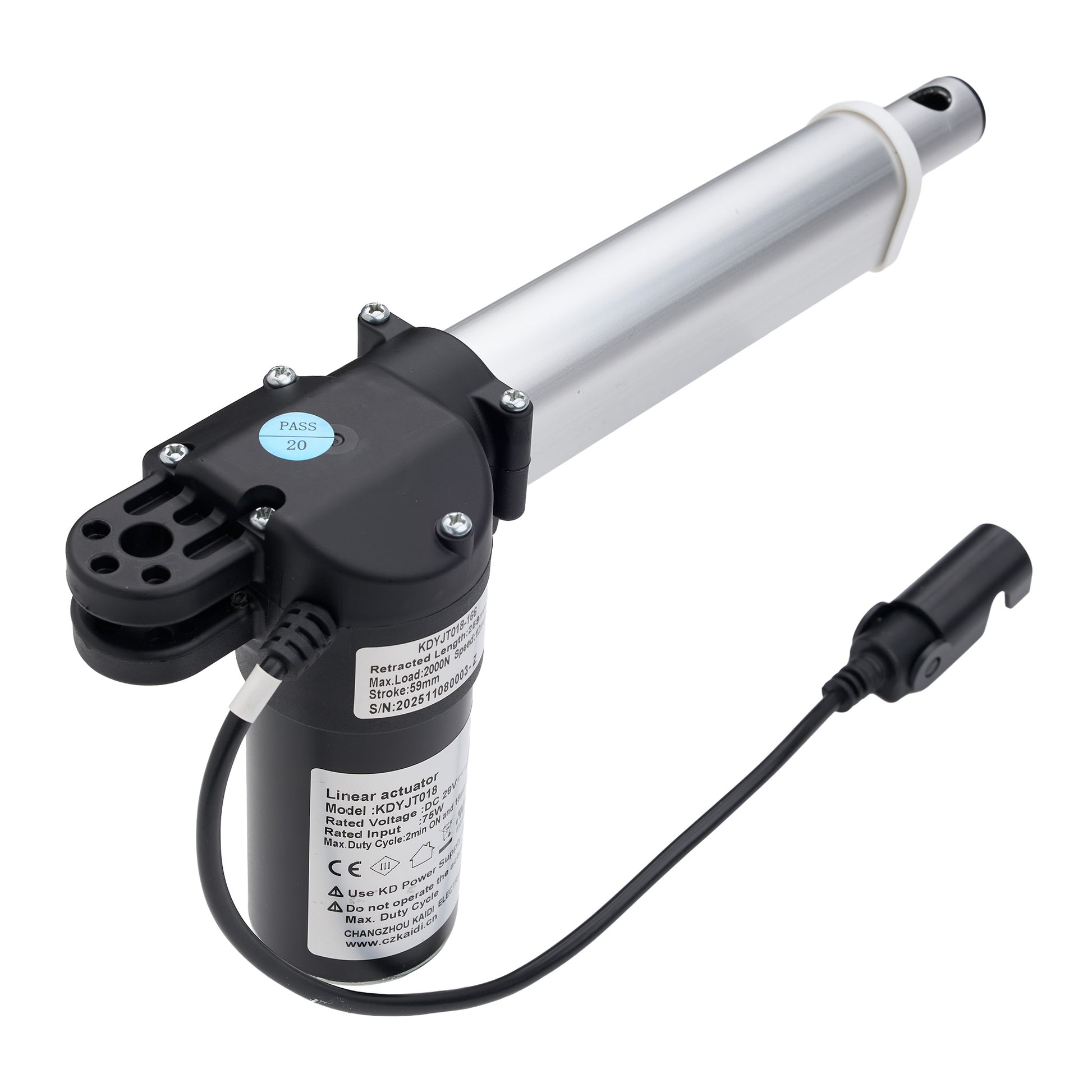 A linear actuator motor with a black motor housing, a long silver metal rod, and an attached black cable with a connector, shown on a plain white background.