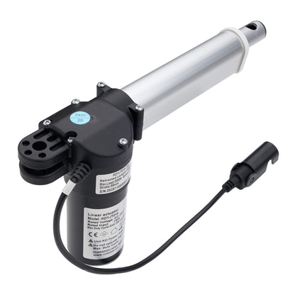 A linear actuator motor with a black motor housing, a long silver metal rod, and an attached black cable with a connector, shown on a plain white background.