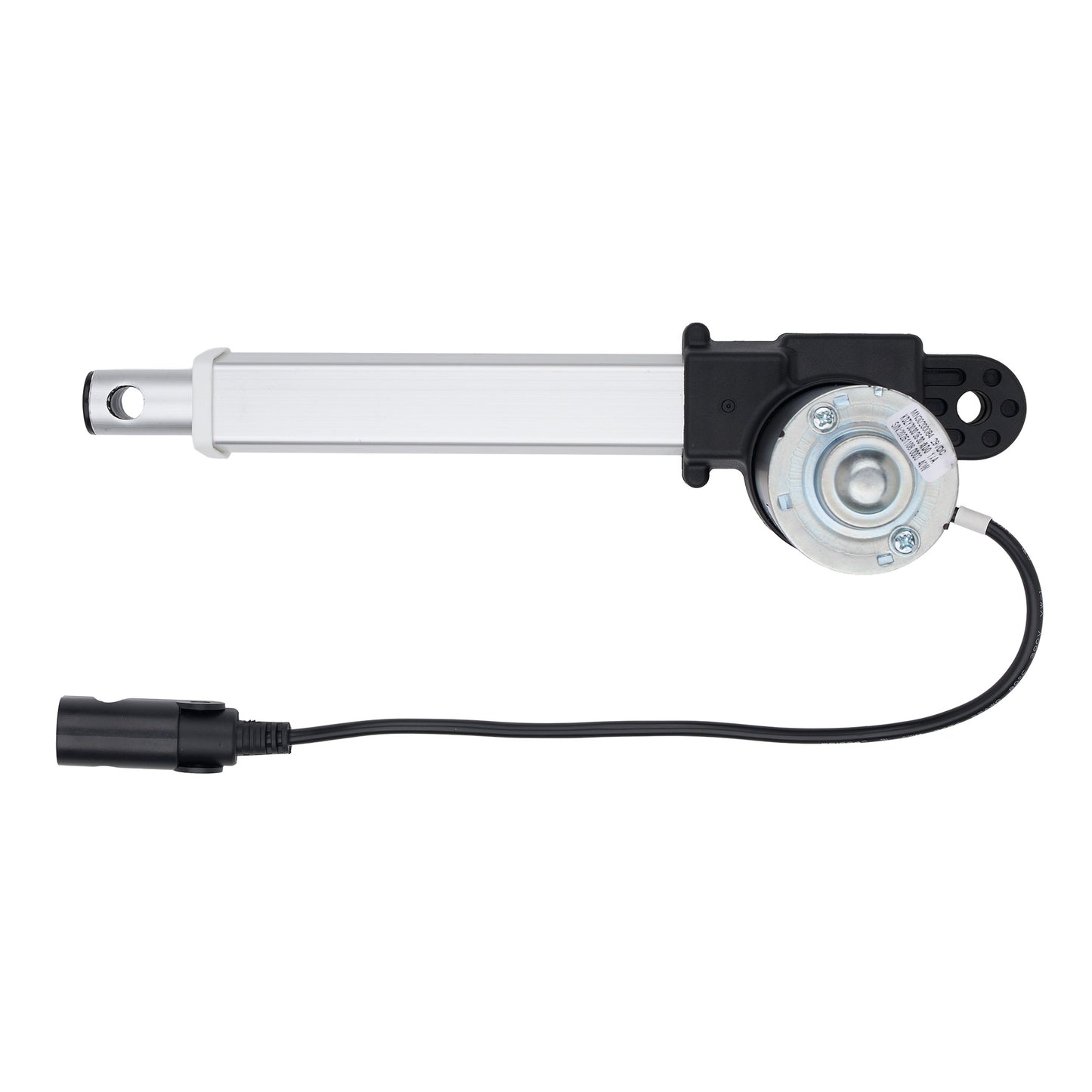 An industrial linear electric motor with a silver aluminum barrel, black end caps, a circular motor housing, and an attached black control cable with a connector, shown on a plain white background.