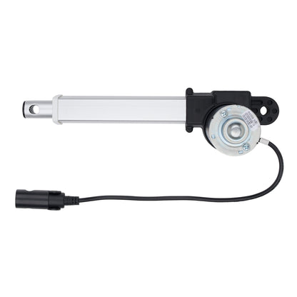 An industrial linear electric motor with a silver aluminum barrel, black end caps, a circular motor housing, and an attached black control cable with a connector, shown on a plain white background.