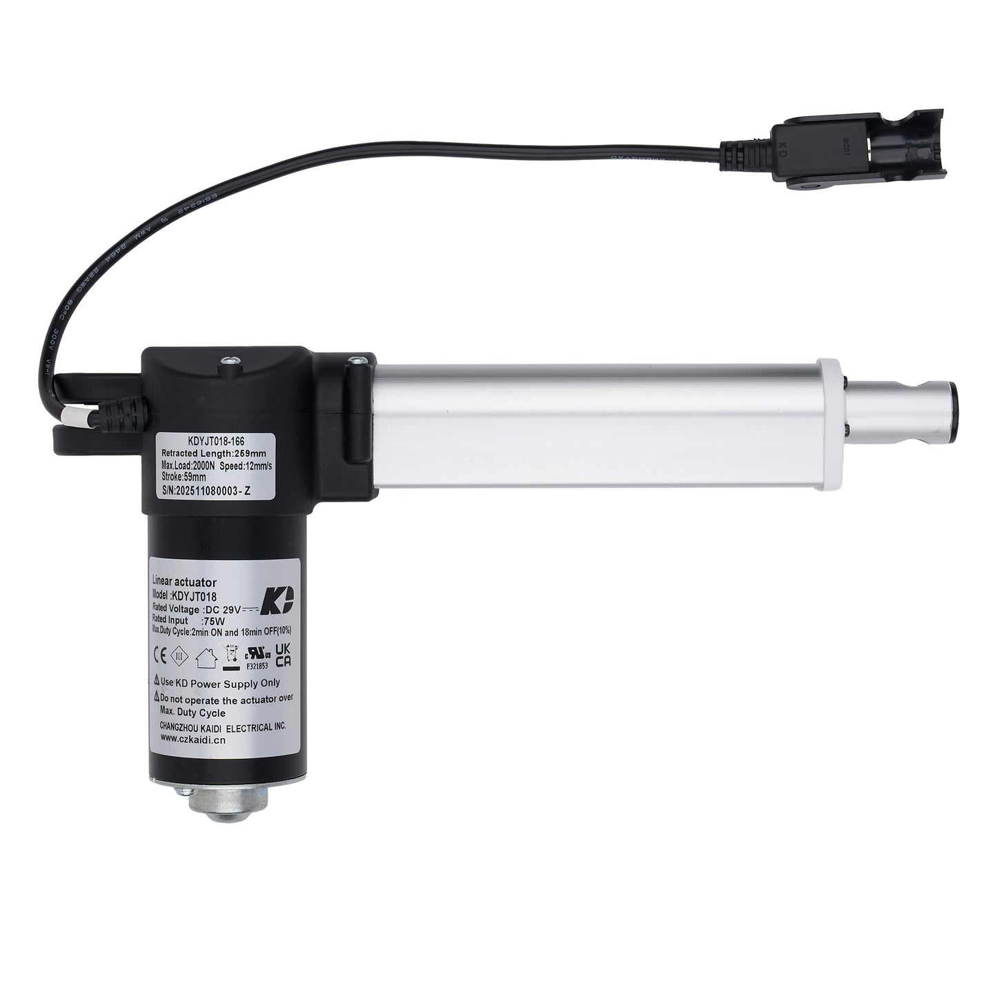 A hydraulic power cylinder with a black body, silver metal rod, and black cable connector, shown on a plain white background.