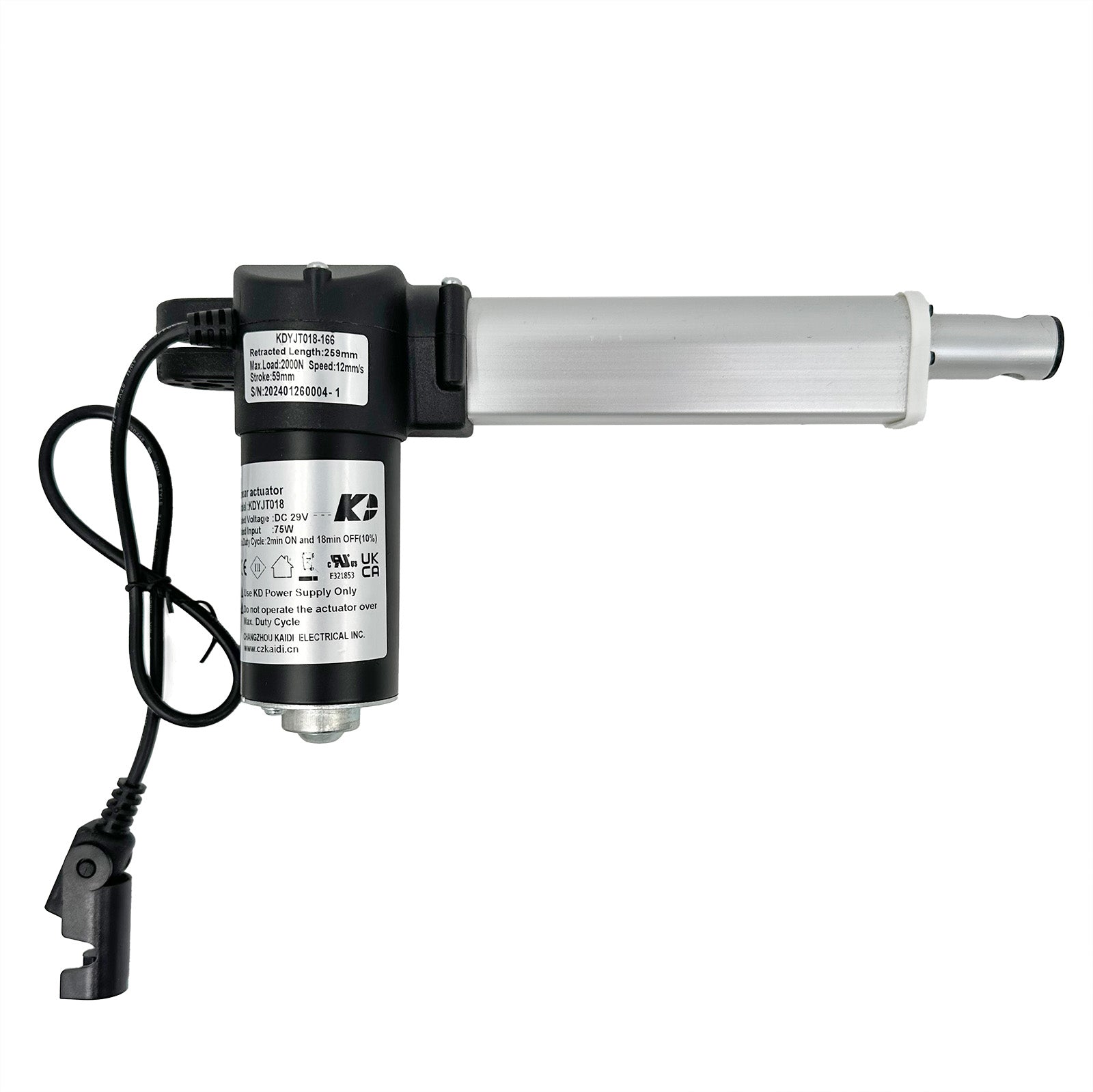 A silver linear actuator with a black motor housing and a single 5 pin female plug.
