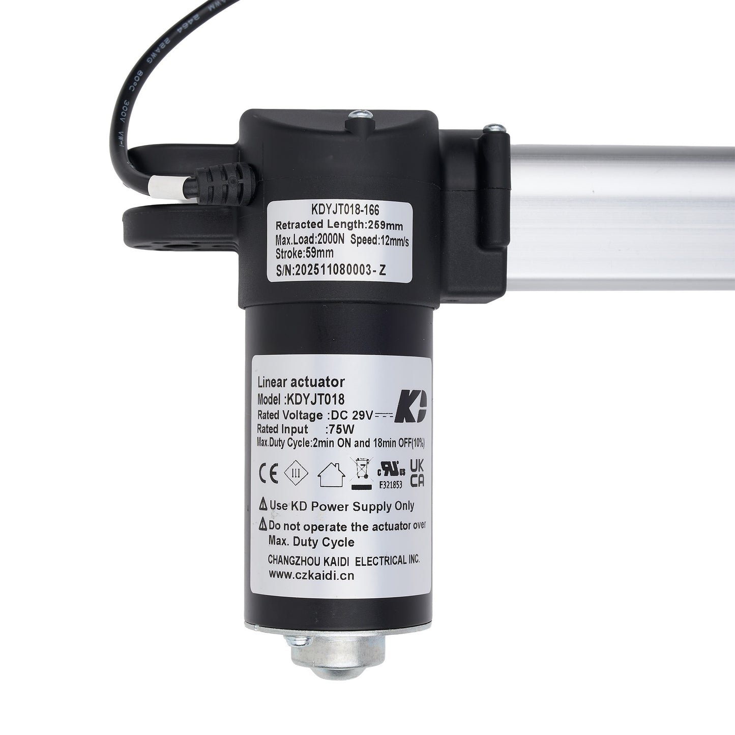 A black linear actuator motor with a silver metal rod and a black cable, featuring white labels with technical specifications and the KDY and K-D industrial brand logo, on a white background.