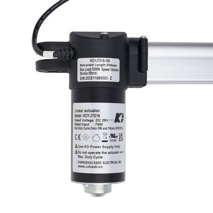 A black linear actuator motor with a silver metal rod and a black cable, featuring white labels with technical specifications and the KDY and K-D industrial brand logo, on a white background.