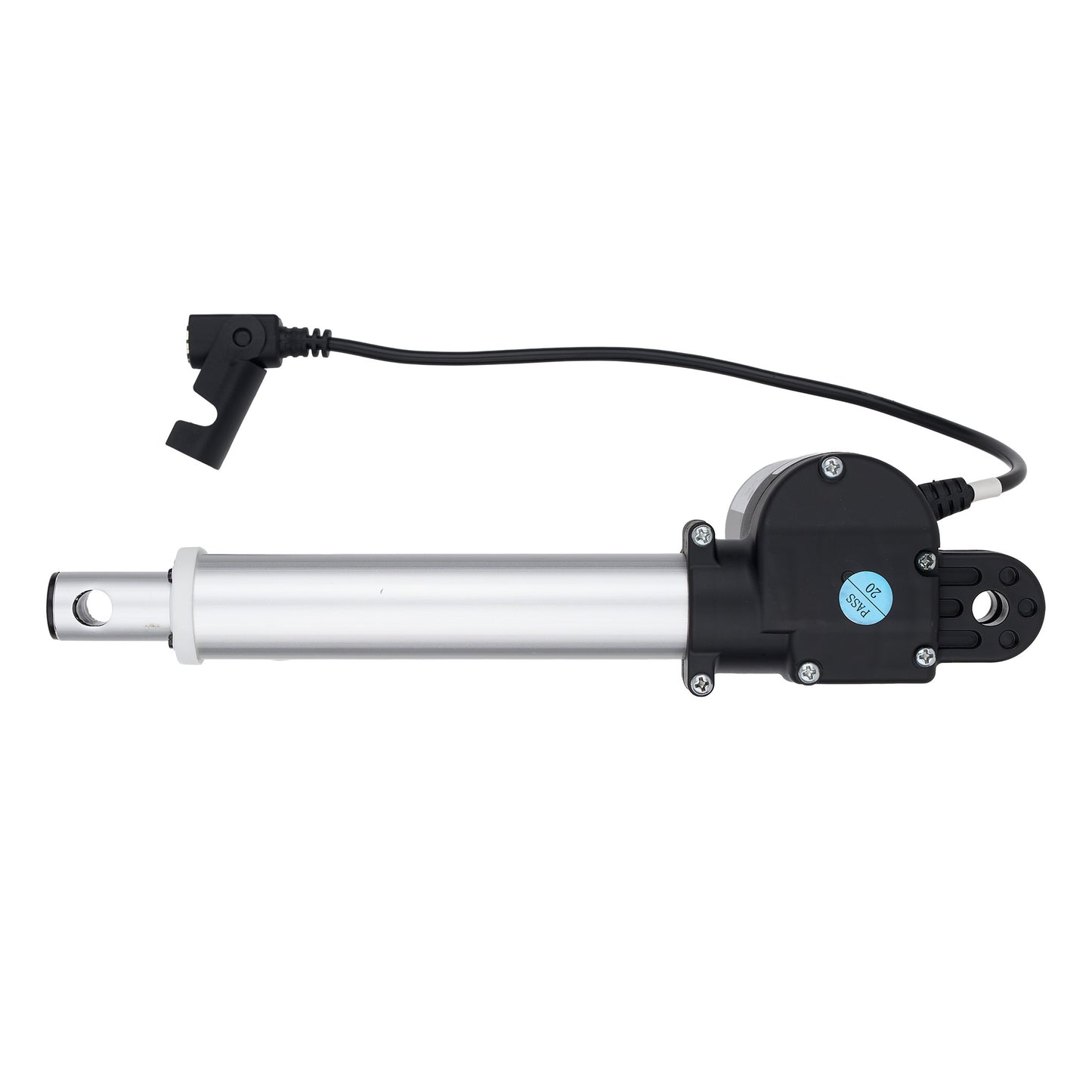 An industrial linear electric motor with an attached black power cable and connector, featuring a silver aluminum cylinder and a black motor housing with a blue circular sticker.