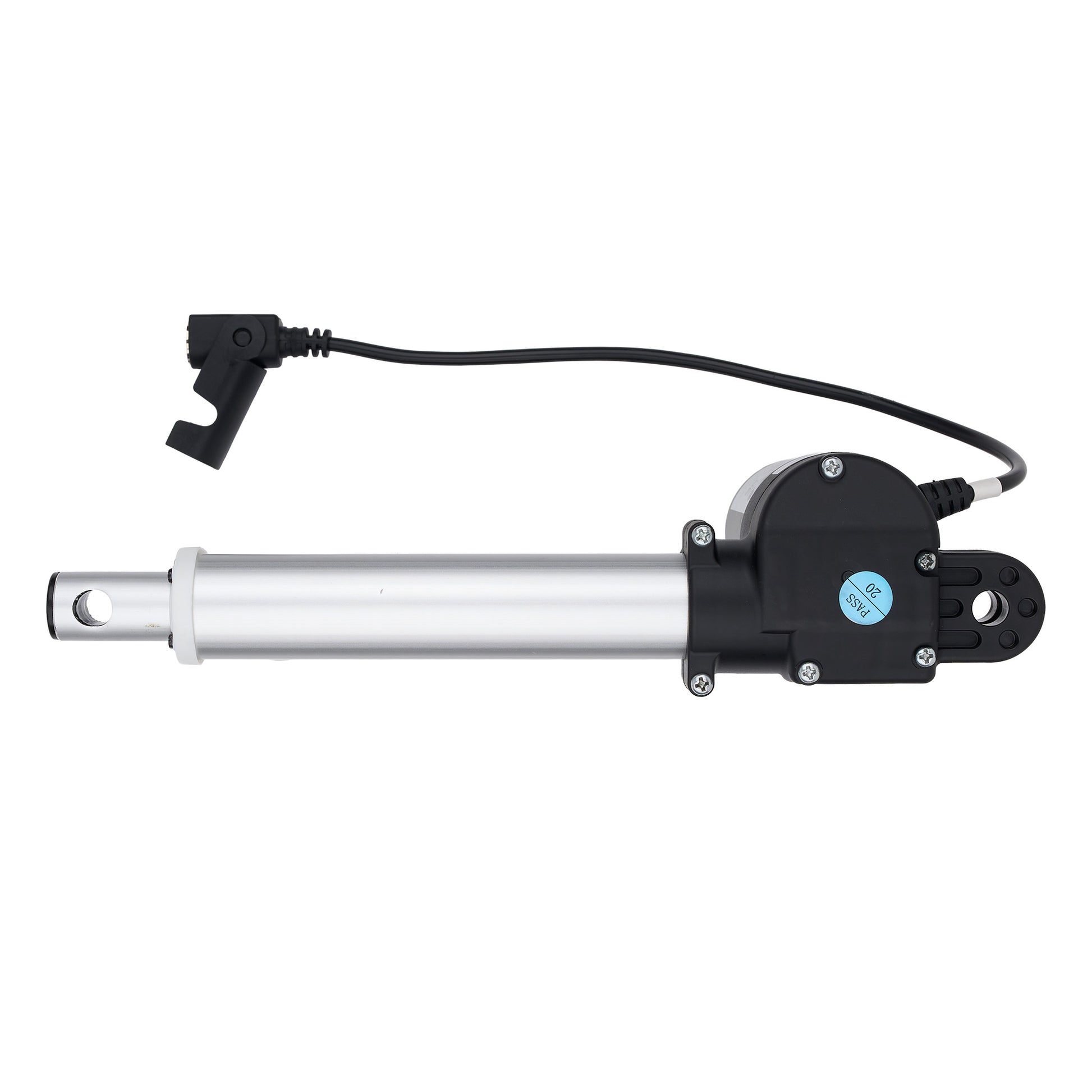 An industrial linear electric motor with an attached black power cable and connector, featuring a silver aluminum cylinder and a black motor housing with a blue circular sticker.