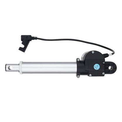 An industrial linear electric motor with an attached black power cable and connector, featuring a silver aluminum cylinder and a black motor housing with a blue circular sticker.