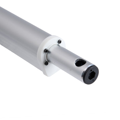 Metallic cylindrical component with threaded end on a white background