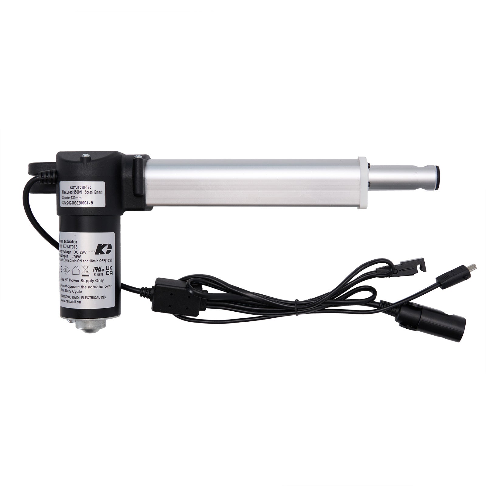 Linear actuator with wiring on a white background