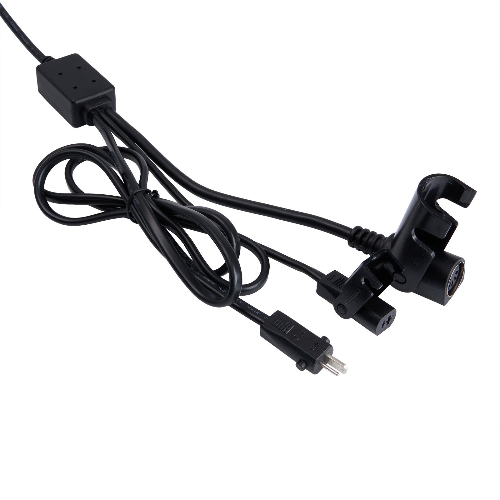 Black power cable with connectors on a white background