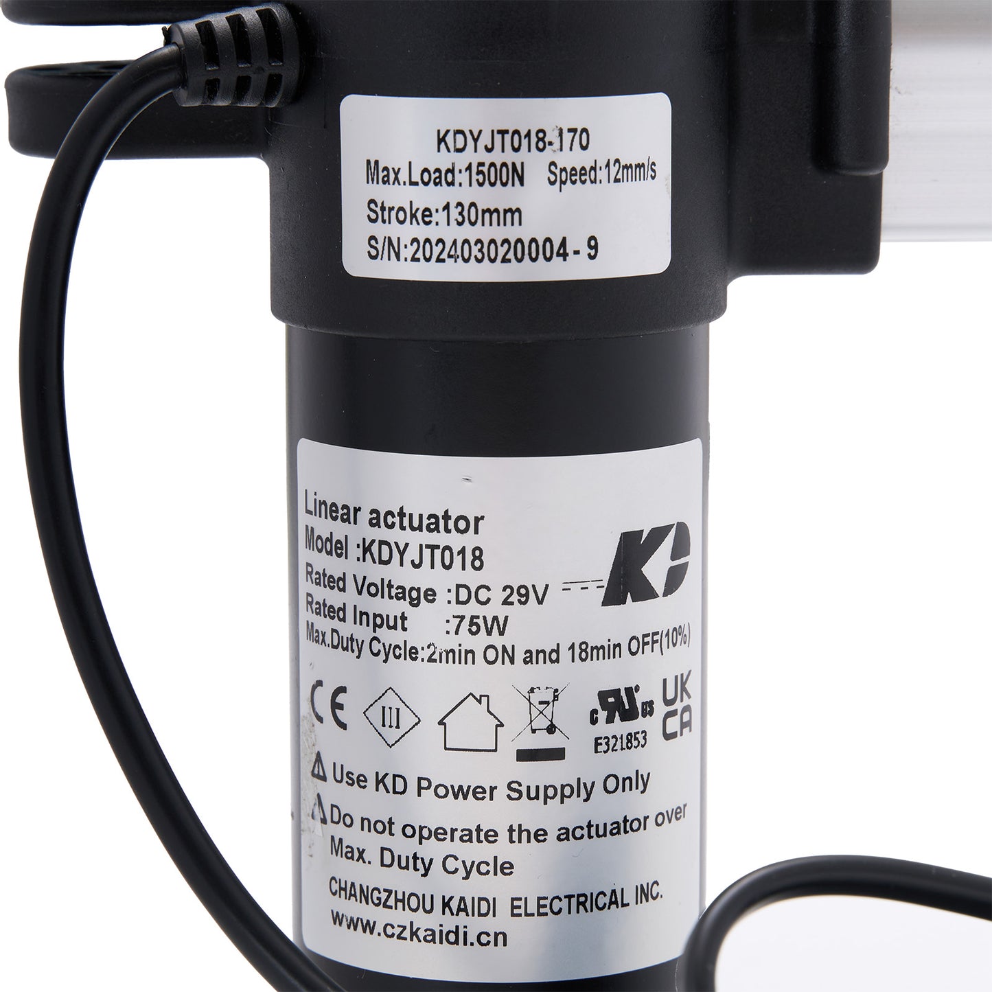 Linear actuator with specifications label on a white background