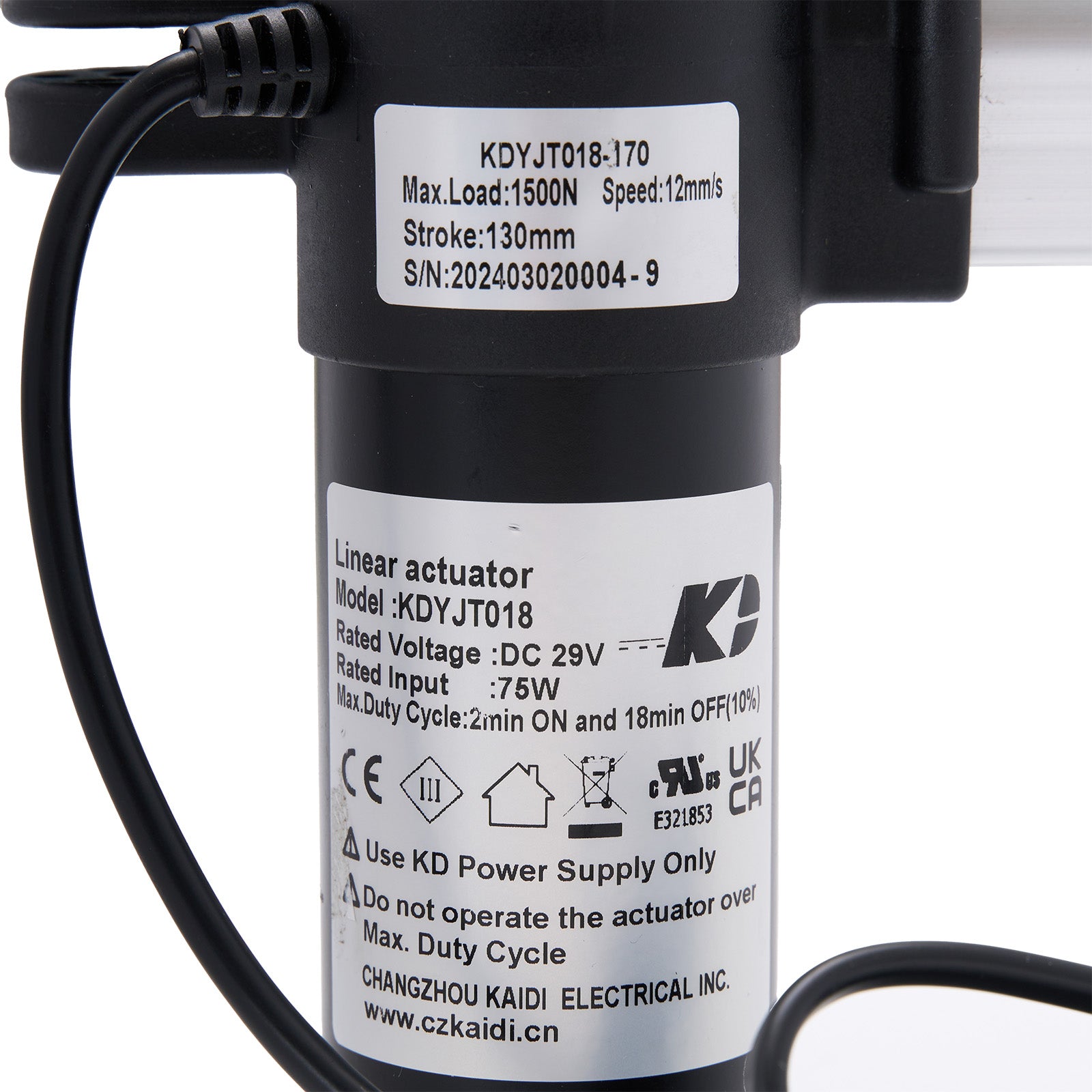 Linear actuator with specifications label on a white background