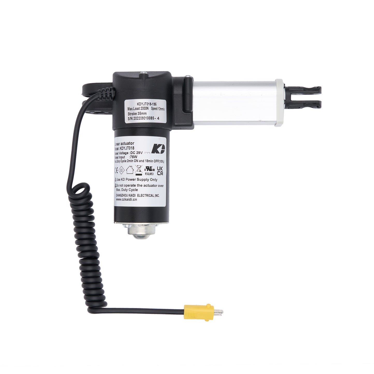 Electrical component with coiled cable and yellow connector on a white background