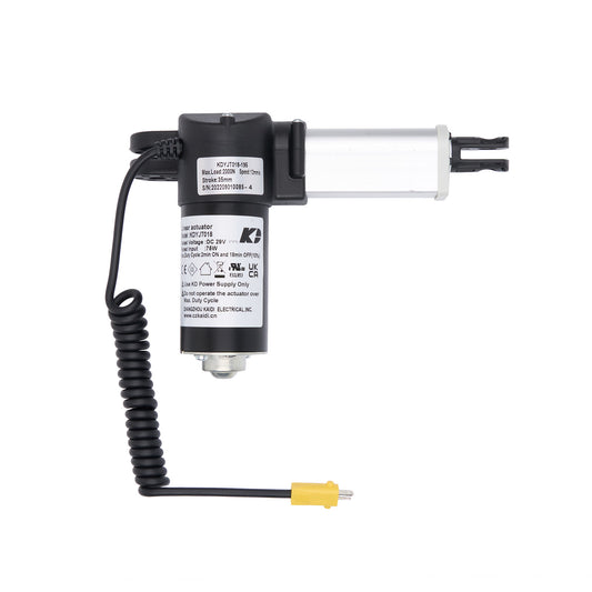 Electrical component with coiled cable and yellow connector on a white background