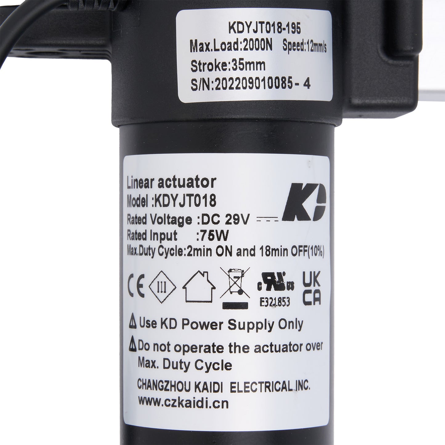Linear actuator with specifications label on a white background