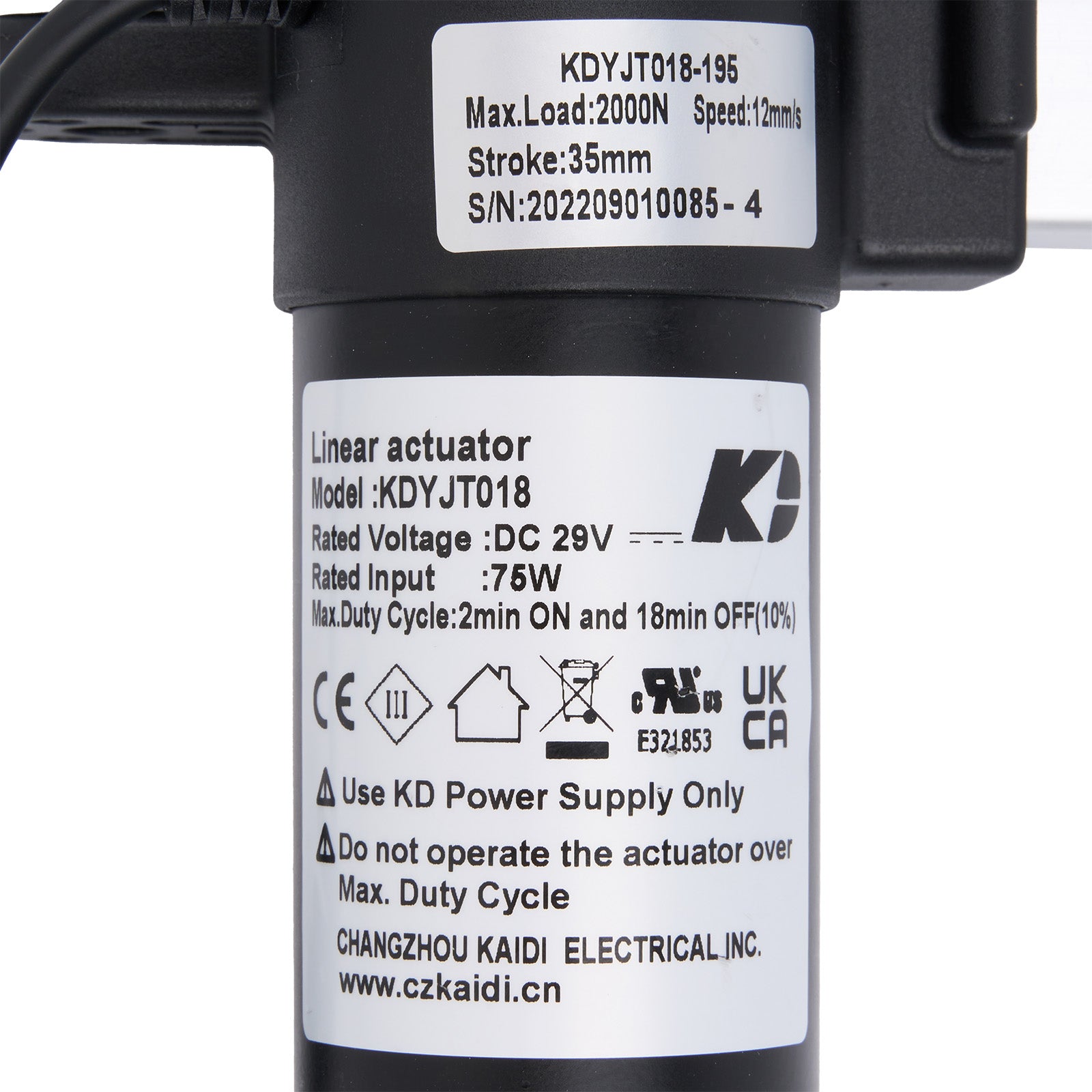 Linear actuator with specifications label on a white background