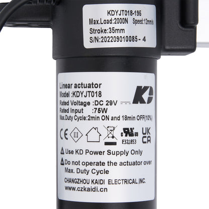 Linear actuator with specifications label on a white background
