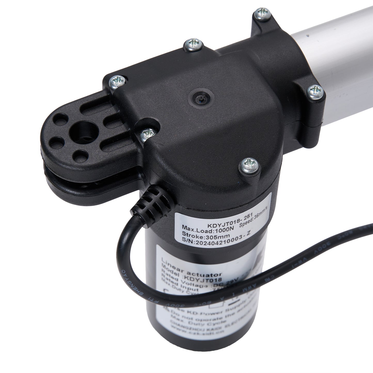 Linear actuator with black housing and visible branding on a white background