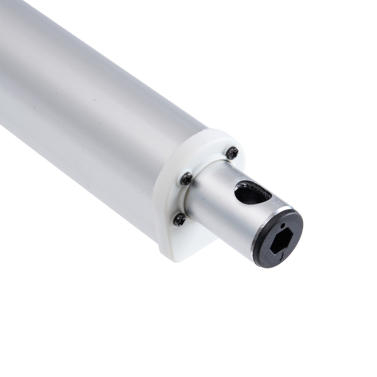 Metallic cylindrical object with threaded end on a white background