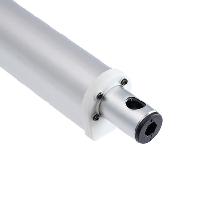 Metallic cylindrical object with threaded end on a white background