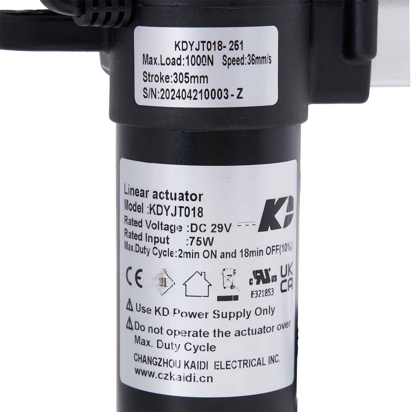 Linear actuator with specifications label on a white background