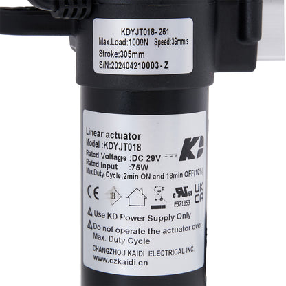 Linear actuator with specifications label on a white background