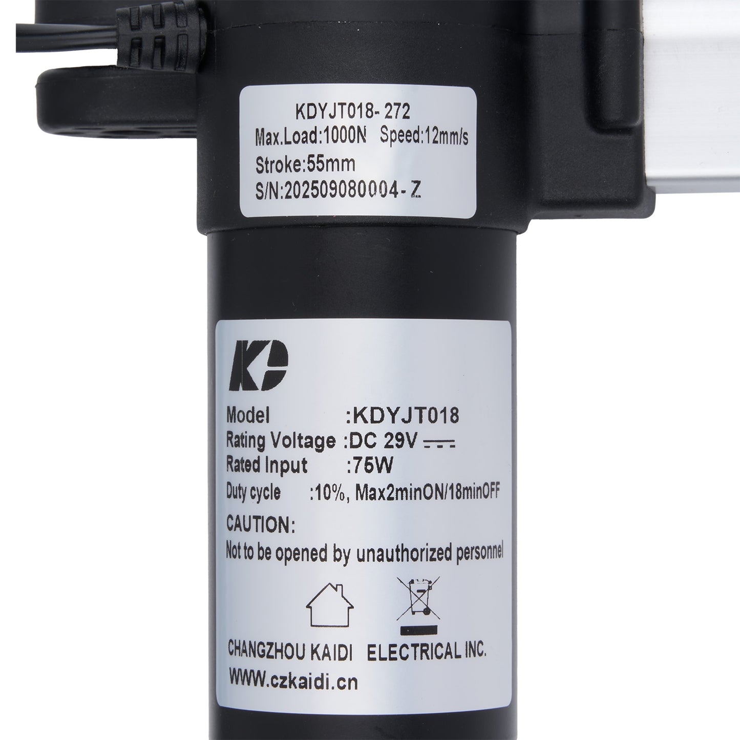 Black mechanical component with labeled specifications on a white background