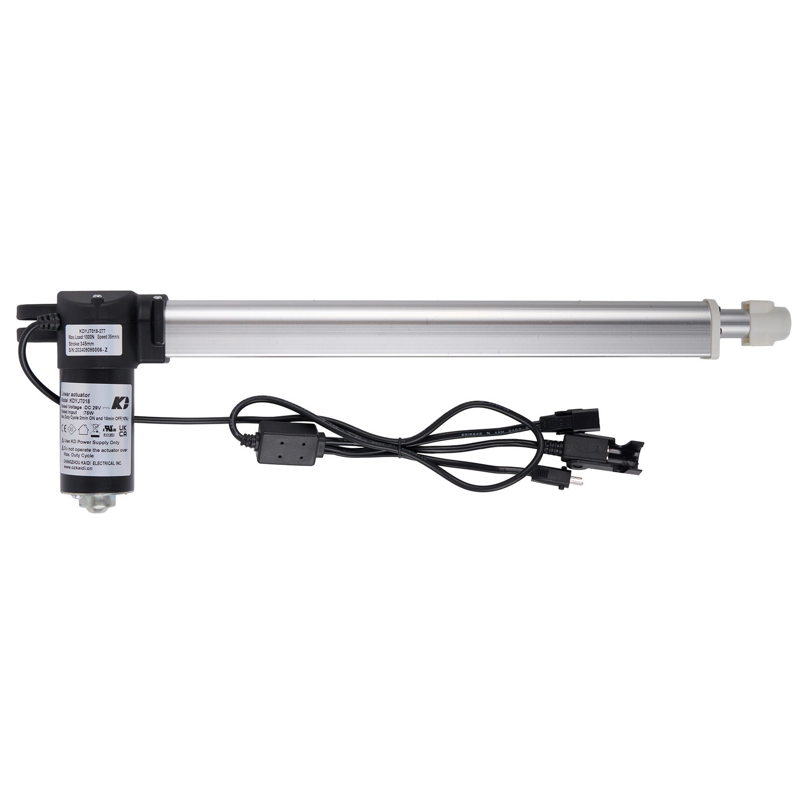 A KAIDI KDYJT018-277 linear actuator for recliner or lift chair, showing the actuator cylinder, motor, cables, and connectors.
