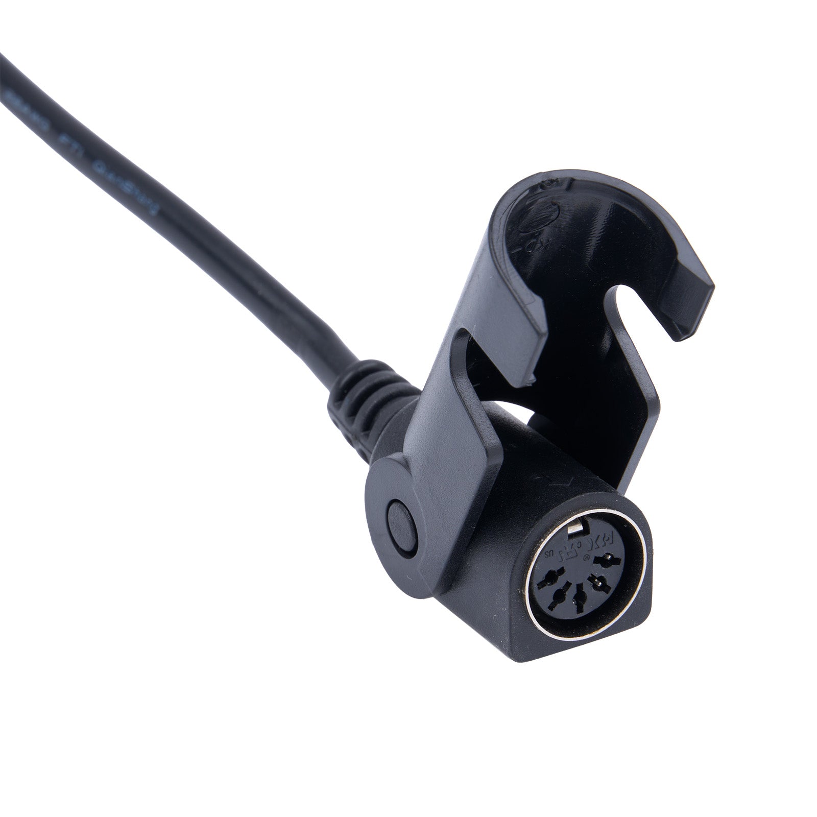 Black camera mount with cable on a white background