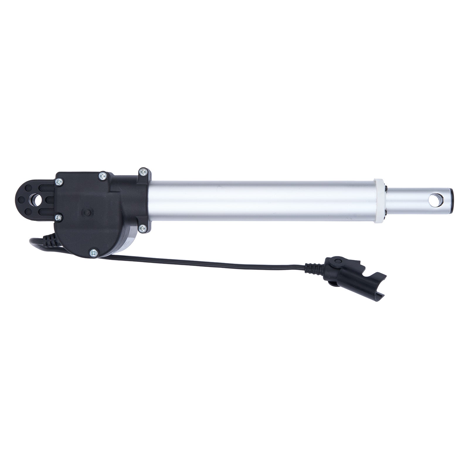 Motorized actuator with black housing and silver cylindrical component on a white background