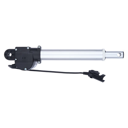Motorized actuator with black housing and silver cylindrical component on a white background