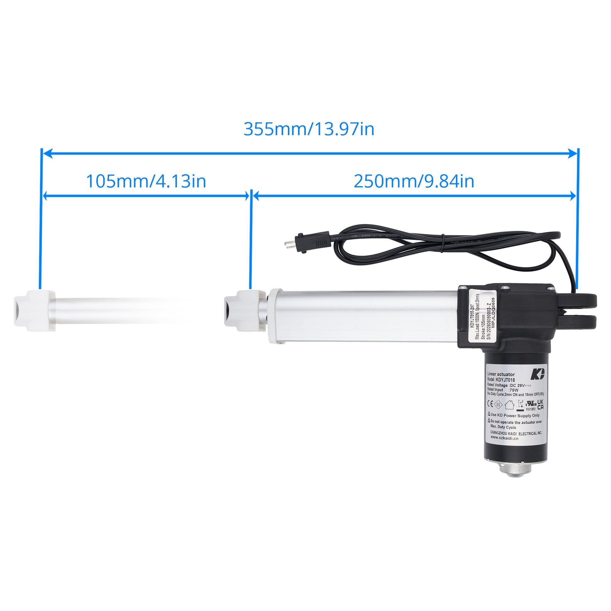 A linear motor or stepper motor with an attached power cord, shown on a white background with blue dimension lines indicating 355mm total length, 105mm left section, and 250mm right section.