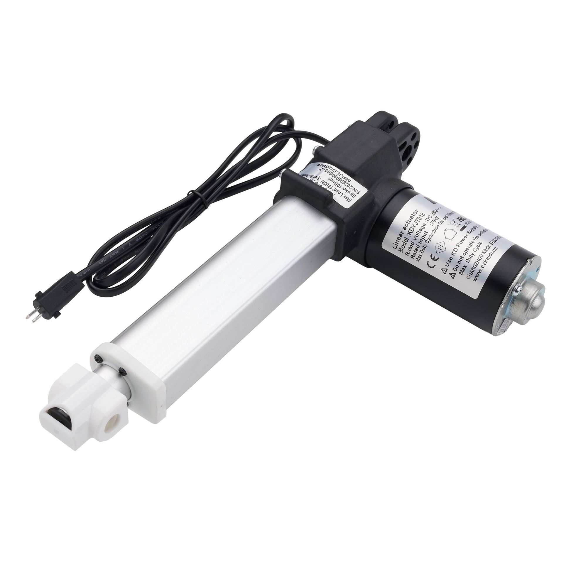 A linear electric motor slide rail assembly with a black power cord, featuring a silver aluminum rod, black end caps, and a white plastic connector on a plain white background.
