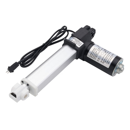 A linear electric motor slide rail assembly with a black power cord, featuring a silver aluminum rod, black end caps, and a white plastic connector on a plain white background.