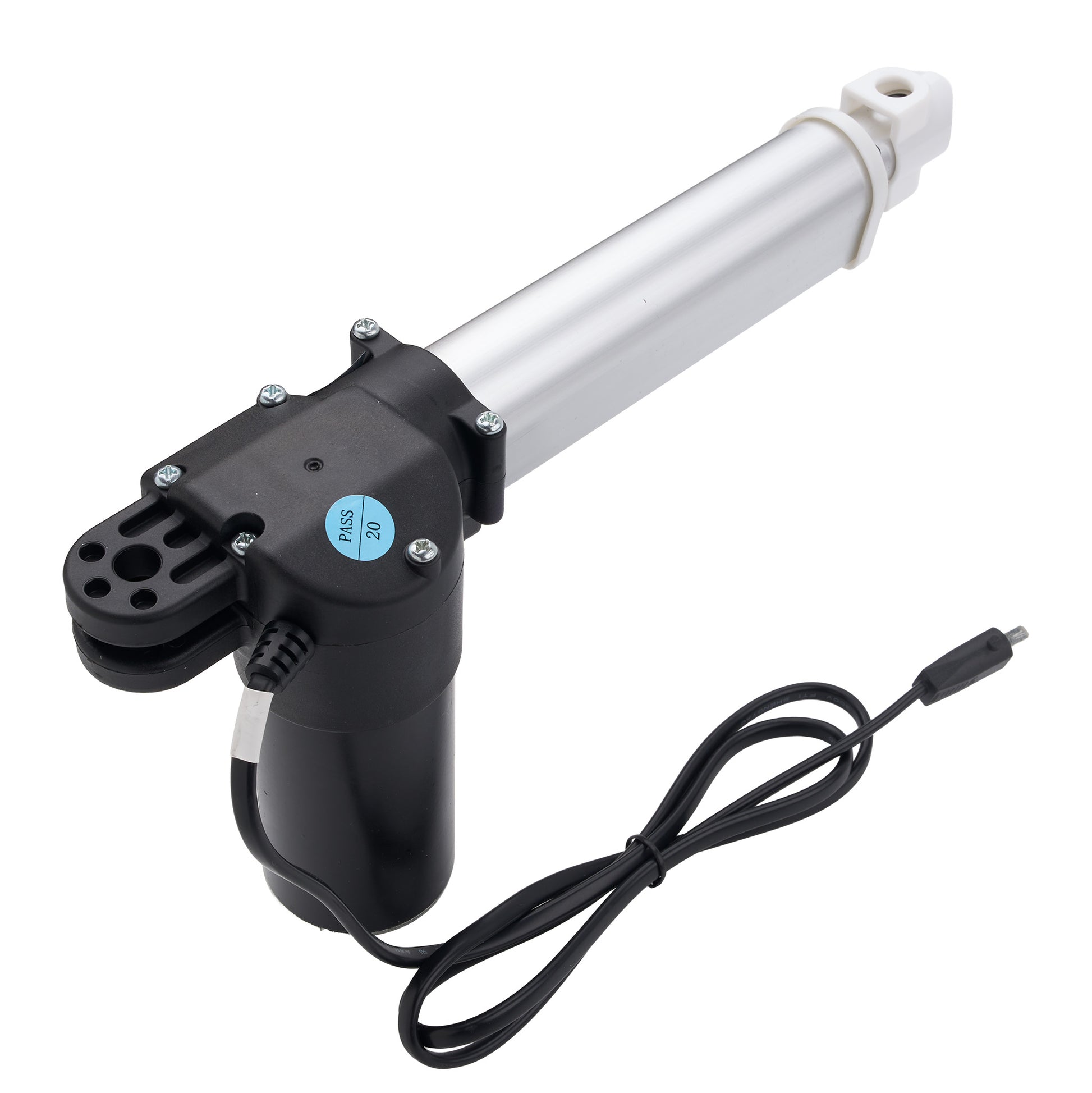 An electric linear motor with a black motor housing, a long silver metal rod, a white plastic end cap, and a black power cable on a white background.