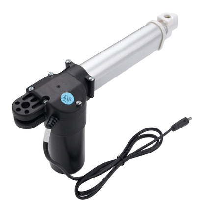 An electric linear motor with a black motor housing, a long silver metal rod, a white plastic end cap, and a black power cable on a white background.