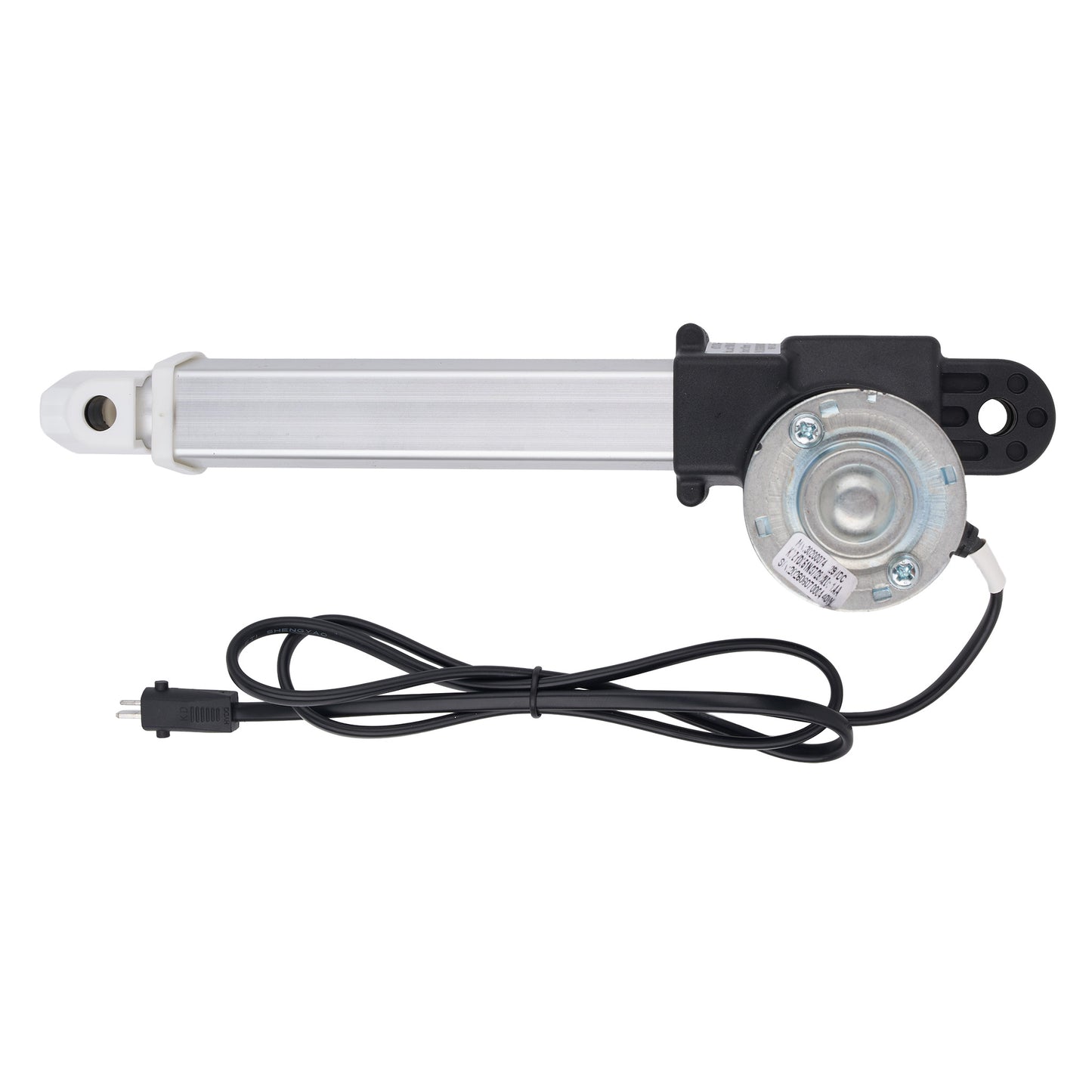 An electric linear motor slide with a silver aluminum rod, black plastic housing, and a black power cord with a European plug, shown on a white background.