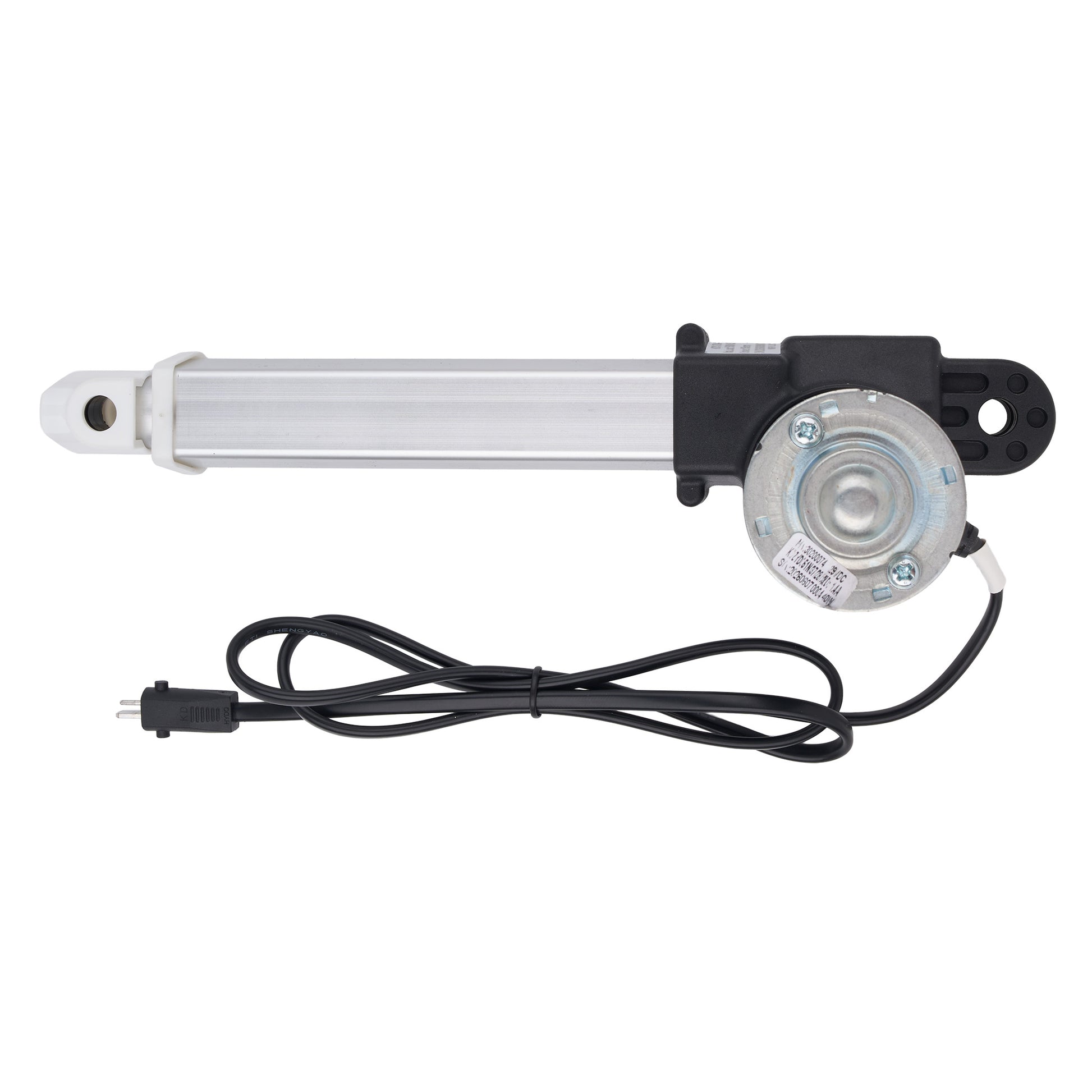 An electric linear motor slide with a silver aluminum rod, black plastic housing, and a black power cord with a European plug, shown on a white background.