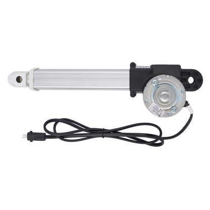 An electric linear motor slide with a silver aluminum rod, black plastic housing, and a black power cord with a European plug, shown on a white background.