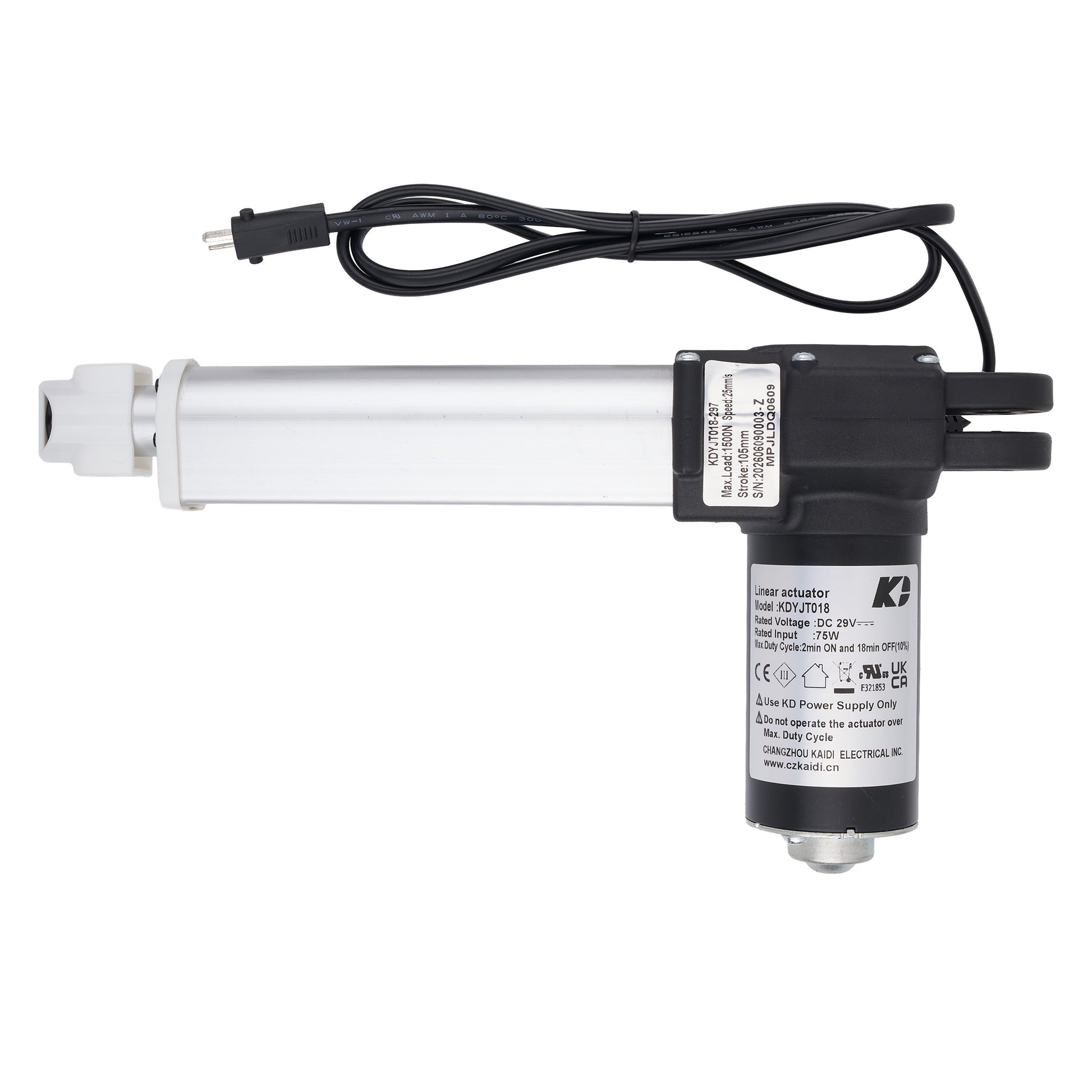 A linear motor or stepper motor with an attached power cord, shown on a white background with blue dimension lines indicating 355mm total length, 105mm left section, and 250mm right section.