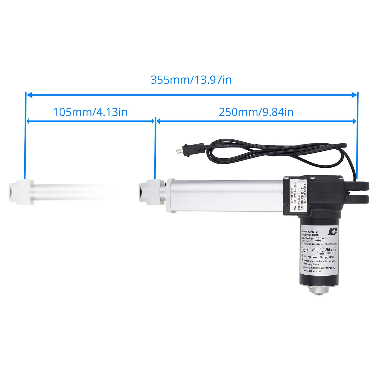 A linear motor or stepper motor with an attached power cord, shown on a white background with blue dimension lines indicating 355mm total length, 105mm left section, and 250mm right section.