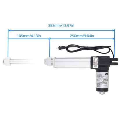 A linear motor or stepper motor with an attached power cord, shown on a white background with blue dimension lines indicating 355mm total length, 105mm left section, and 250mm right section.