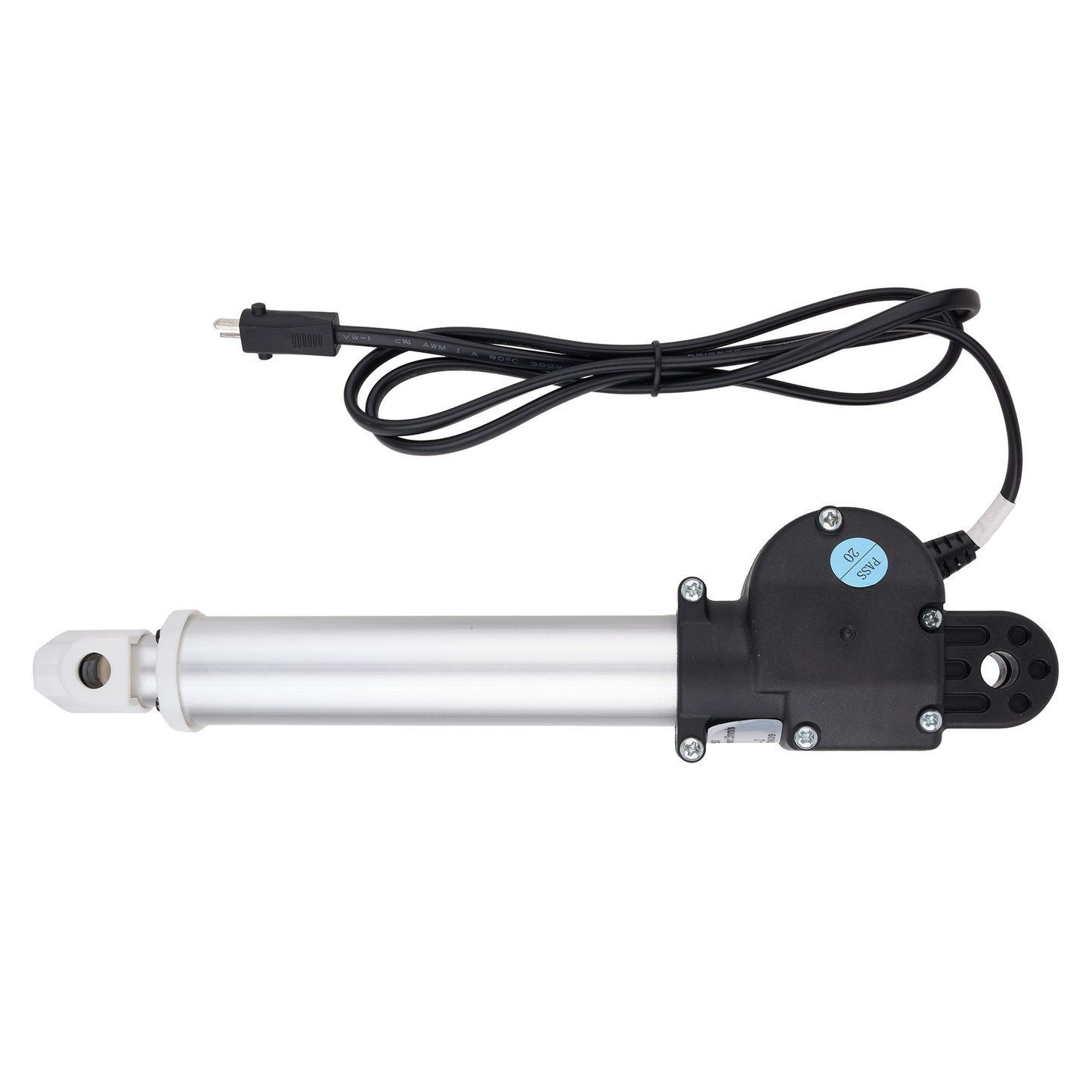 A linear electric hydraulic cylinder with a silver metal rod and a black motor housing, complete with a black power cable and connector, shown on a plain white background.